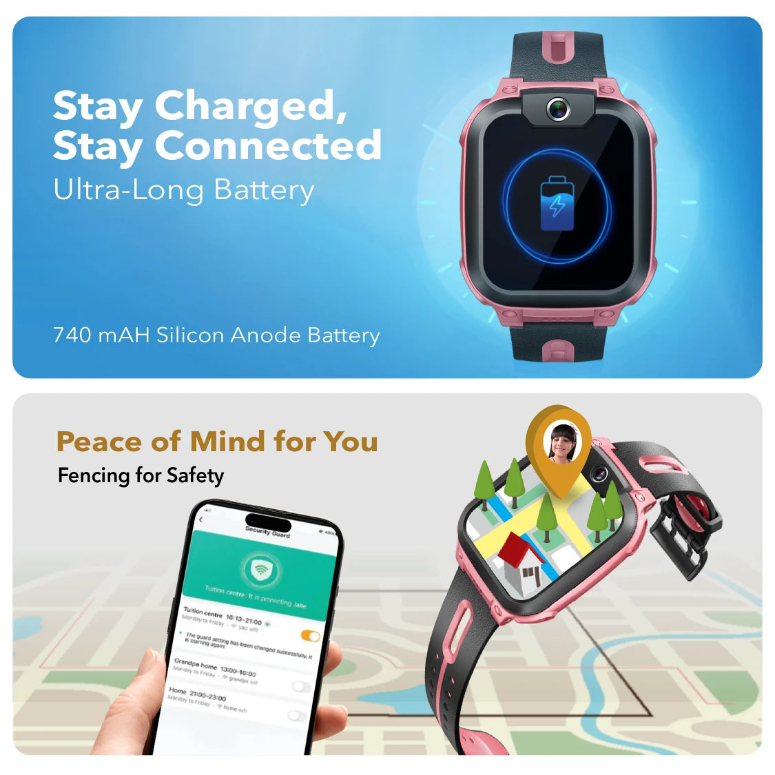 Security Fencing & long lasting battery ensure you know when you child reaches their destination without loosing connectivity