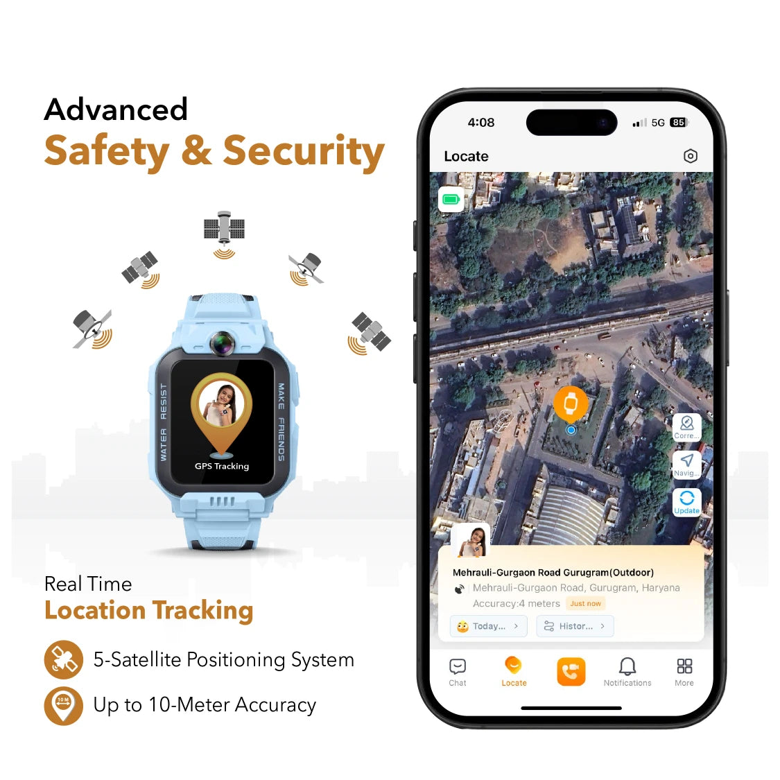 5 Satellite GPS Tracking smart watch for accurate location tracking of your child