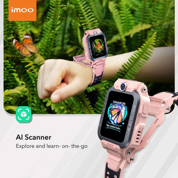imoo Z7 pink smart watch for girls, featuring a stylish design with fun and safety features tailored for young girls.